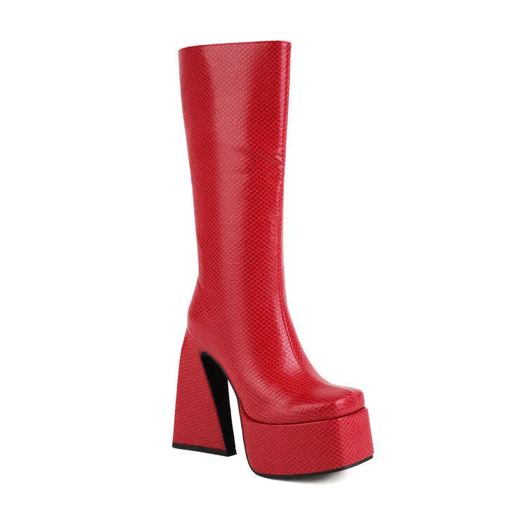 Women's artificial PU high boots in black, red, blue, or white colours showing casual styling
