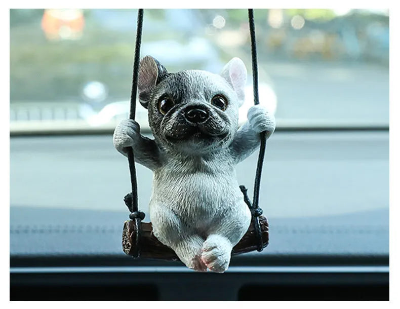 Cartoon-style resin bulldog hanging ornament for car rearview mirror in black colour