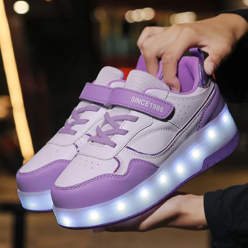Charging flash rollerskates with LED lights in black, pink, purple, and white colours