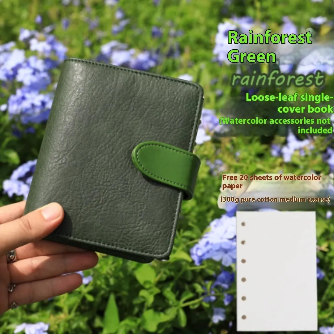 A7 format hardback loose-leaf watercolour sketchbook with brass binding screws in avocado green colour