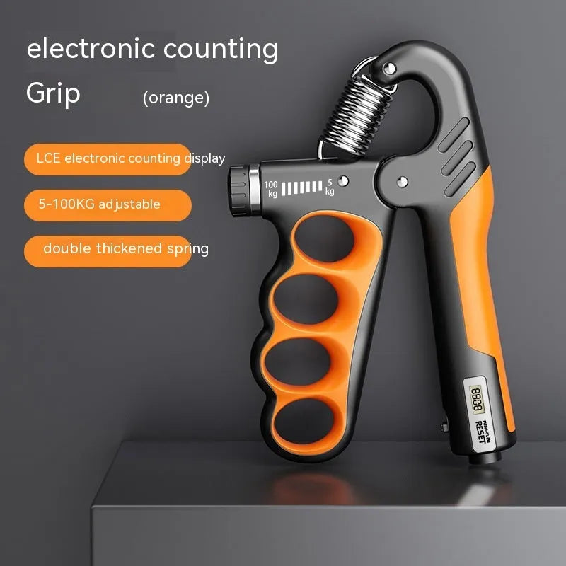 Adjustable electronic count spring grip with orange electronic counter display for hand strength training