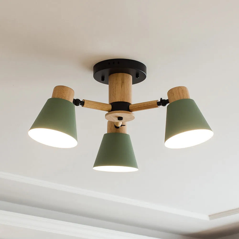 Nordic style Macaron ceiling pendant lamp with multiple light heads in ironwood construction