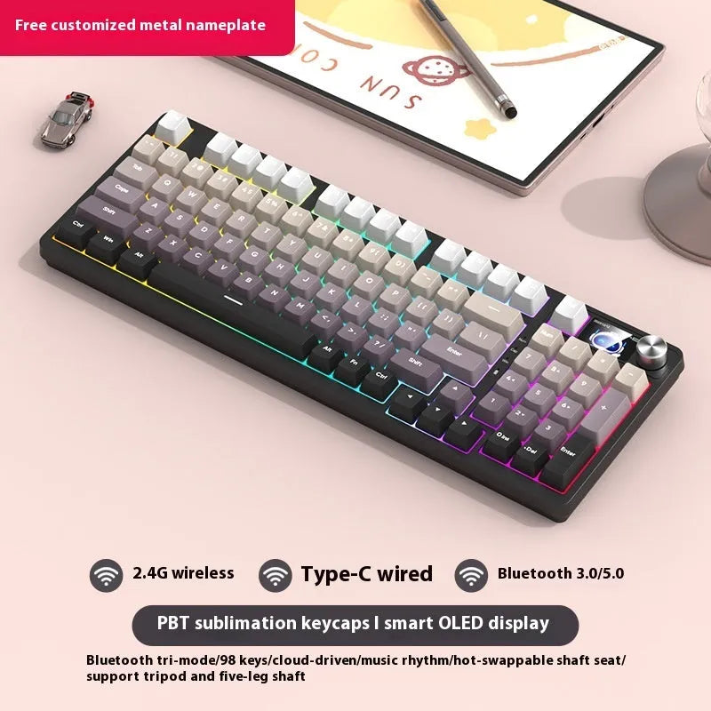 98 key wireless Bluetooth mechanical keyboard kit with metal knob on desk