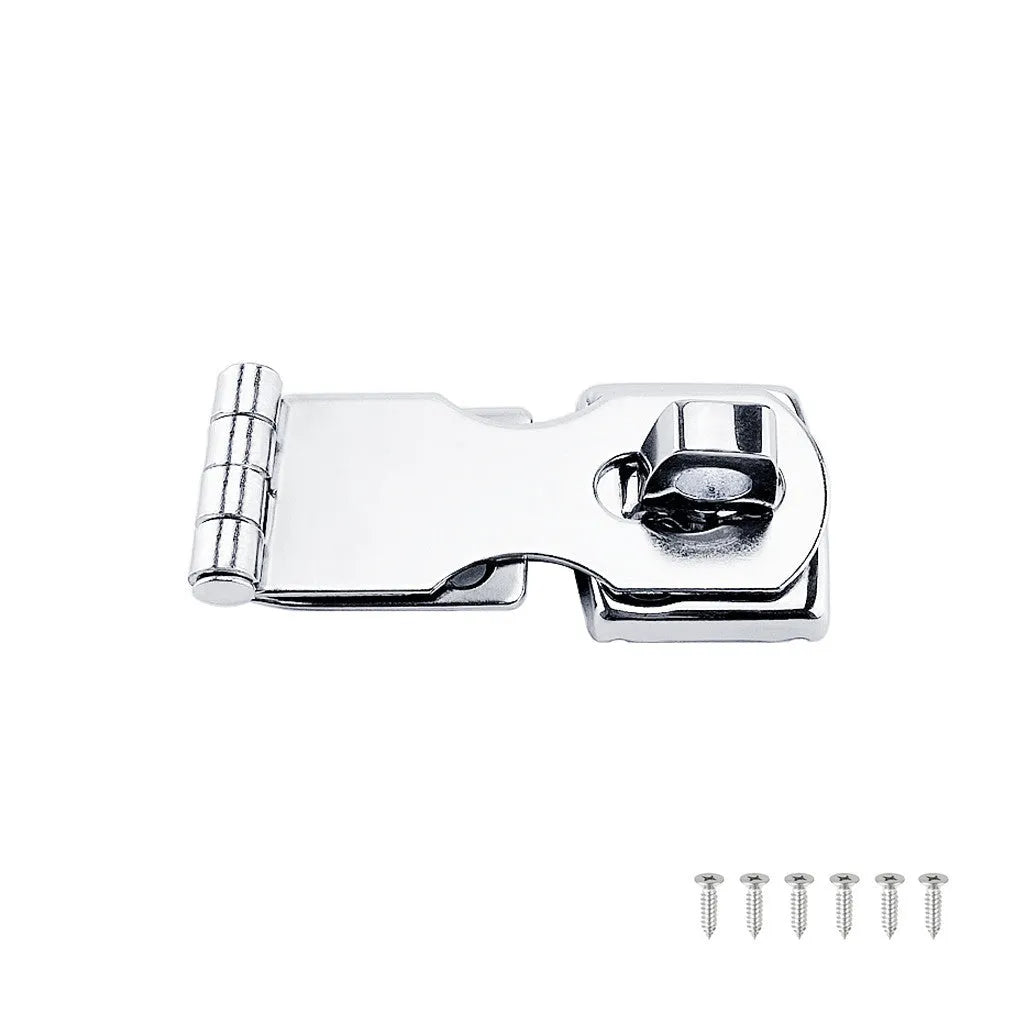 Silver stainless steel lock latch with a mirror finish for doors and cabinets.