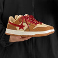 Brown women's casual sneakers with sequin accents and platform sole