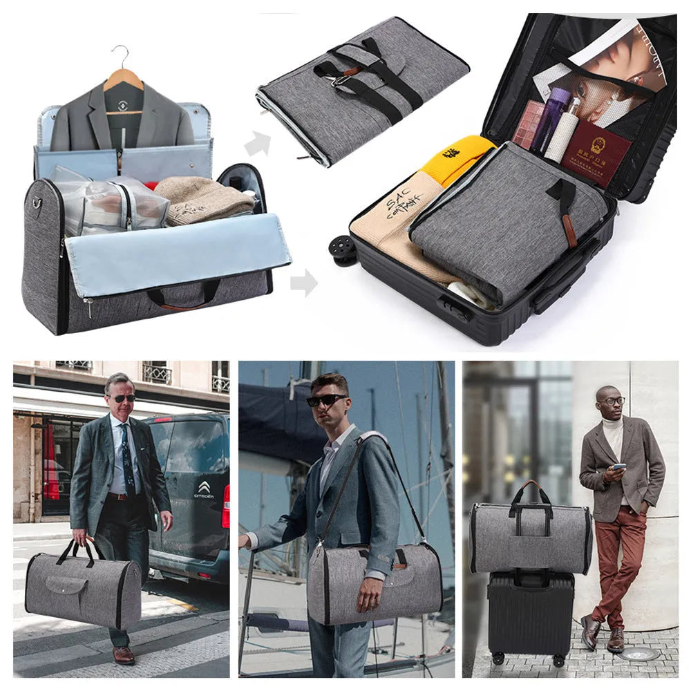 Dark blue foldable Oxford cloth duffel bag with 36-55L capacity for travel and gym use.