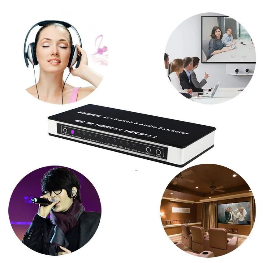Black HDMI audio video switch unit with remote control and 10-metre cables for connecting four sources to one display.