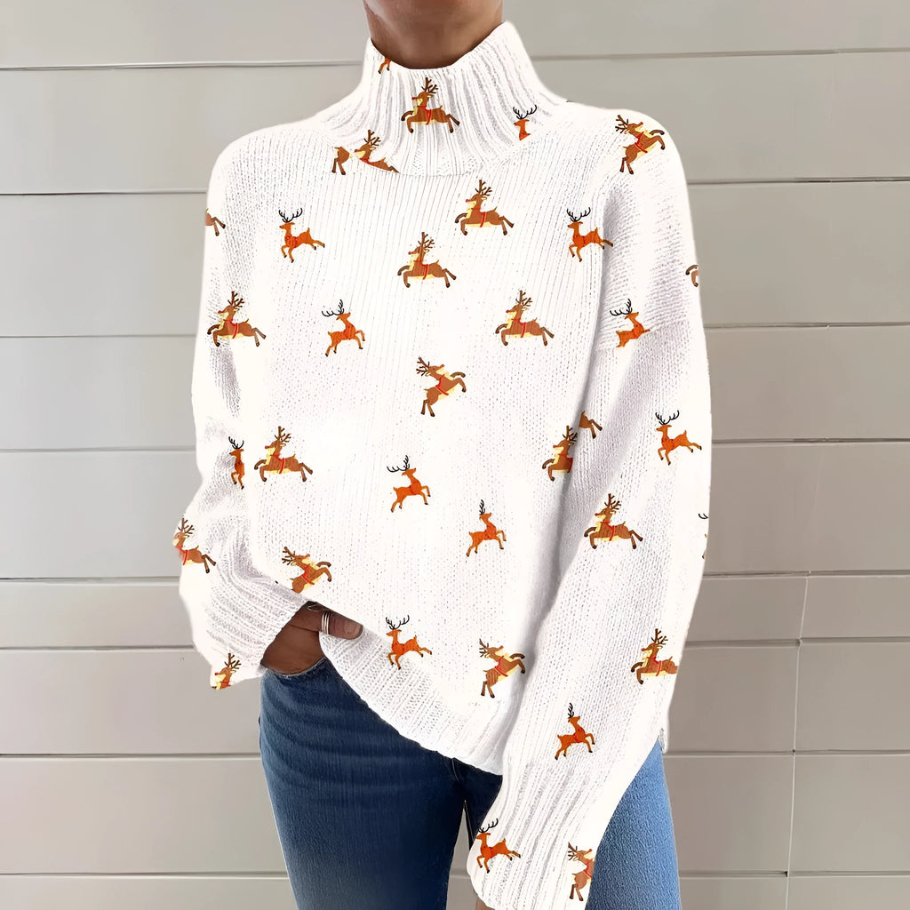 Women's Christmas printed turtleneck sweater in macaron colours with painting pattern