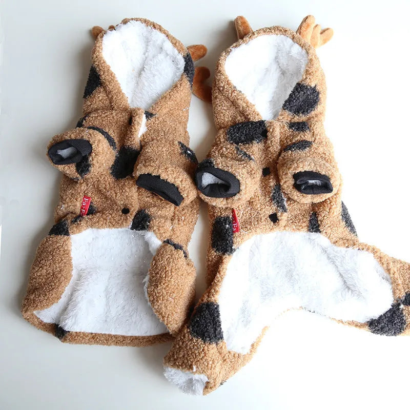 Big Polka Dot Elk Couple design pet clothing for dogs or cats in skirt and four-legged styles.