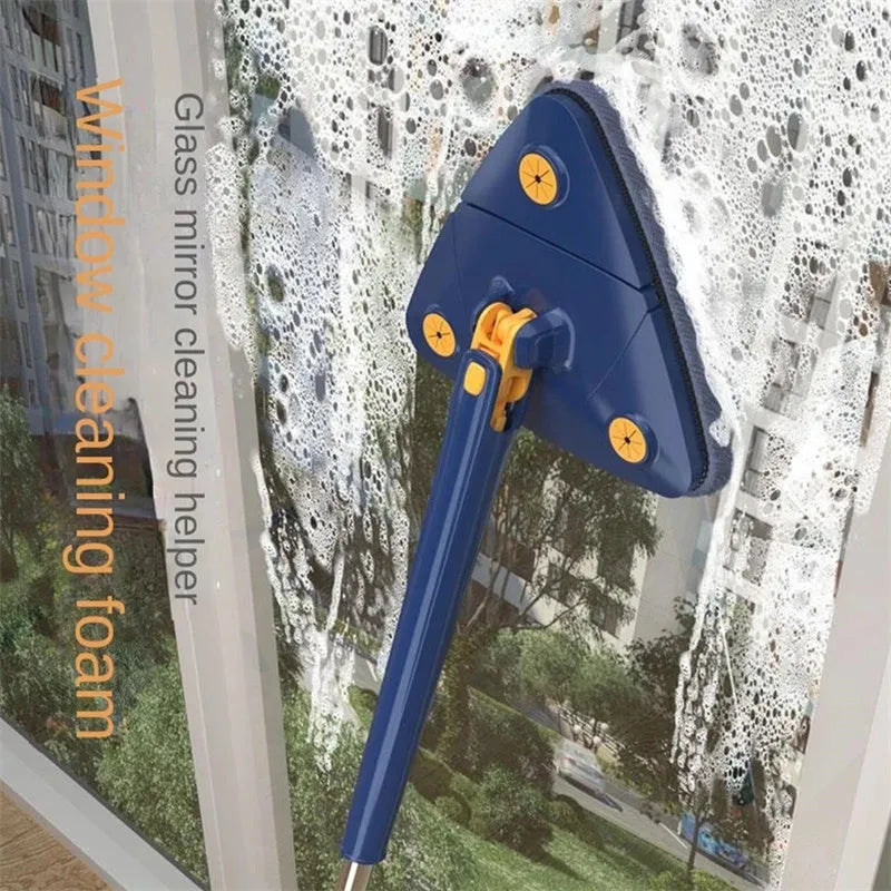Blue triangle cleaning mop with rotating head and extendable stainless steel pole