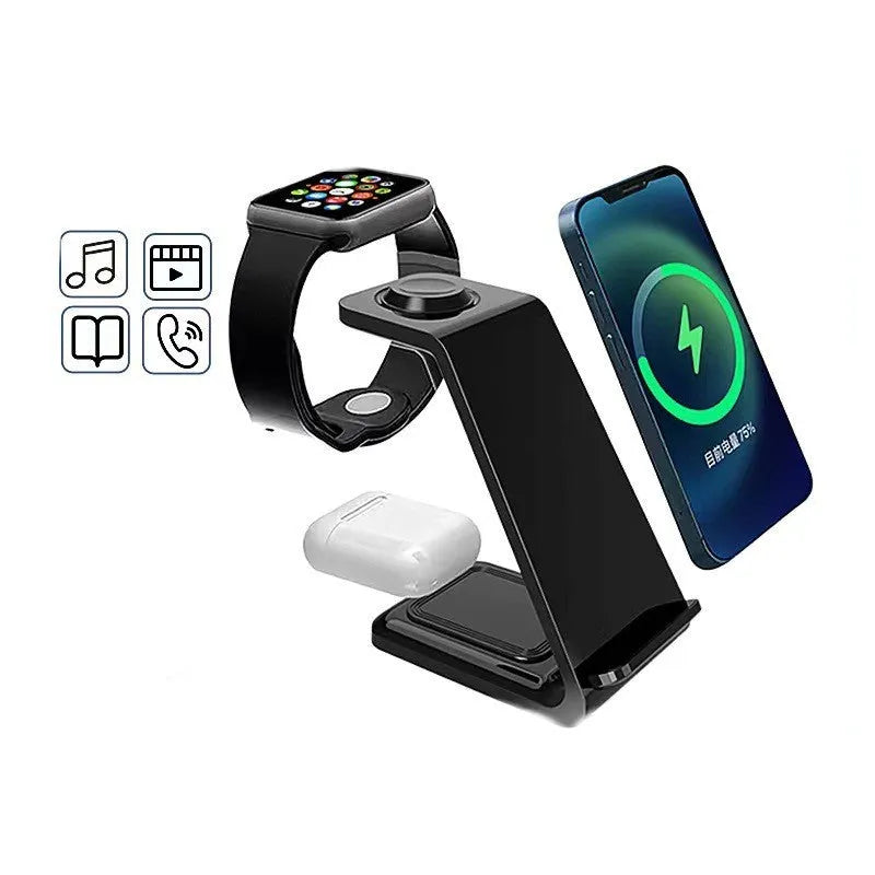 Black and white 3-in-1 upright wireless charging phone holder with Type-C cable