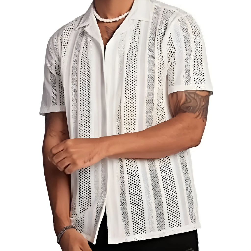 Man wearing a black jacquard knitted short-sleeve button shirt in a cardigan style