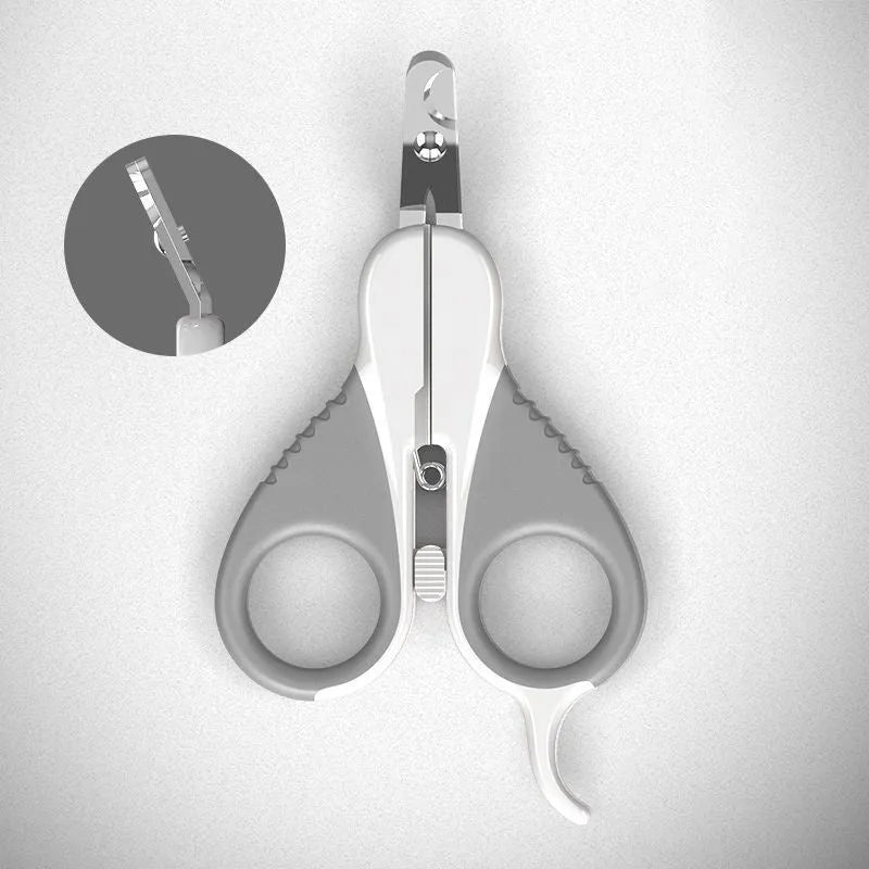 Grey and pink cat nail clippers with safety lock and angled stainless steel blade for pet grooming.