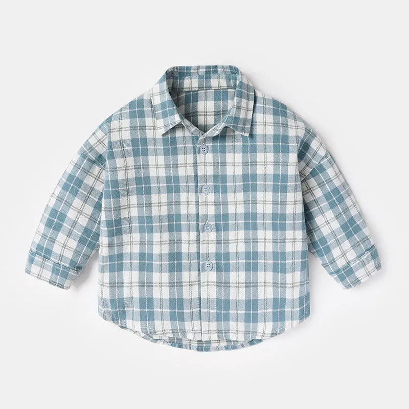 Boys' cotton button-up shirt with lattice pattern and animal print in light blue