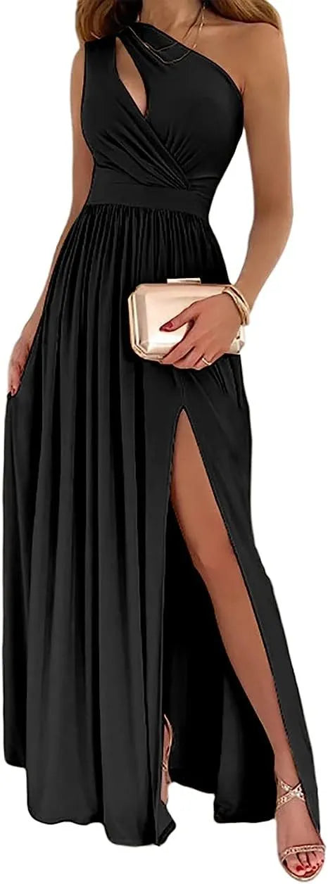 Women's one shoulder maxi dress with high split, in soft fabric, shown in apricot colour.