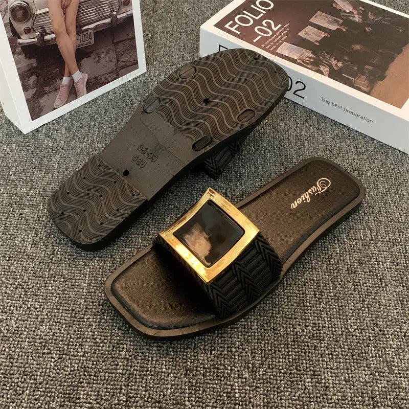 Women's apricot summer flat slippers with casual PVC non-slip sole