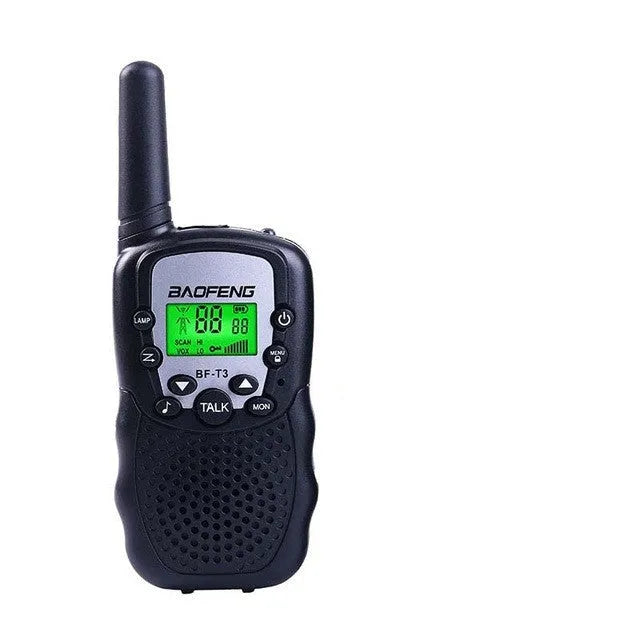 Children's walkie talkie set in various colours showing handheld design with antenna and channel selector