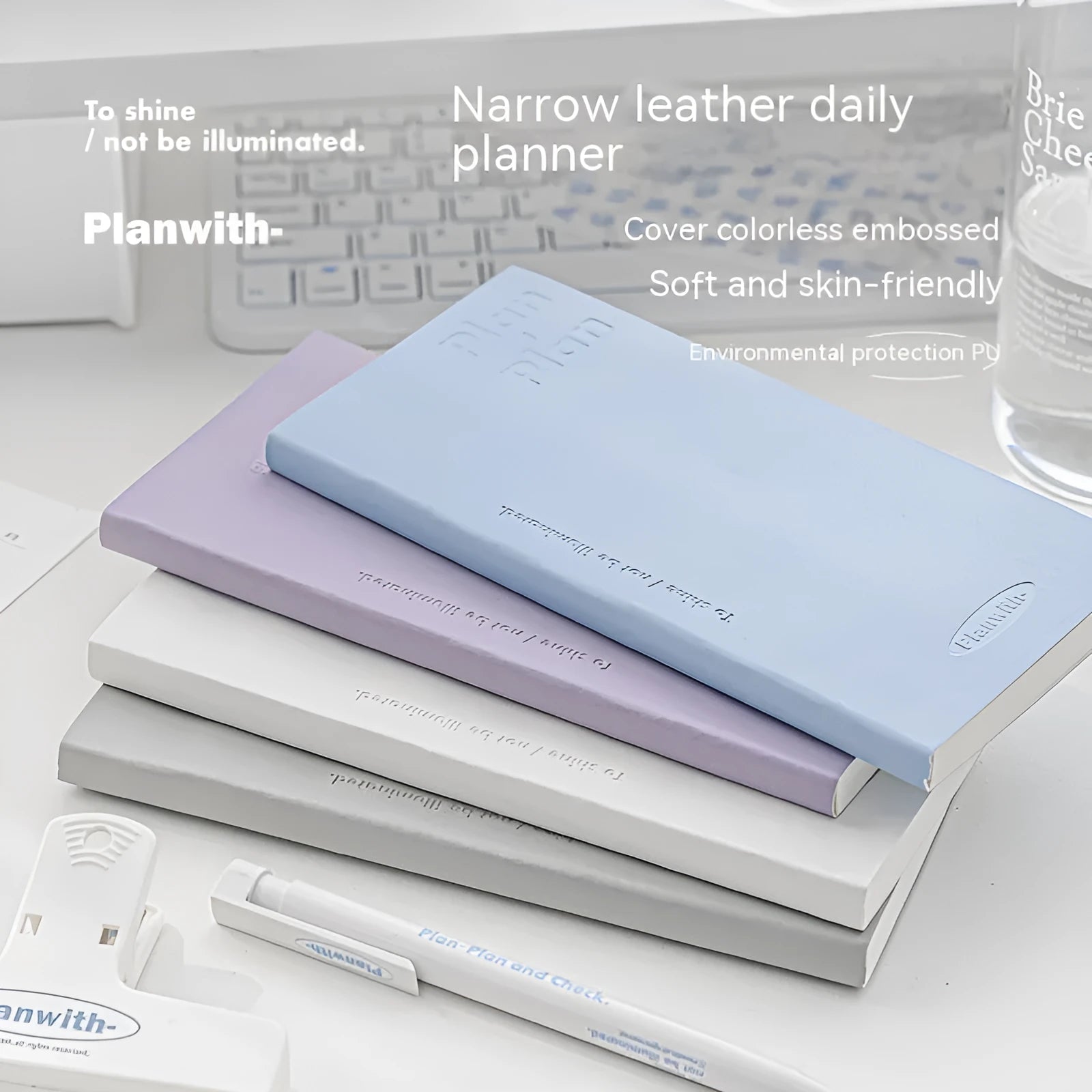 Embossed simple visual daily meter book notebook with choice of blue, grey, purple, white, or protective cover.