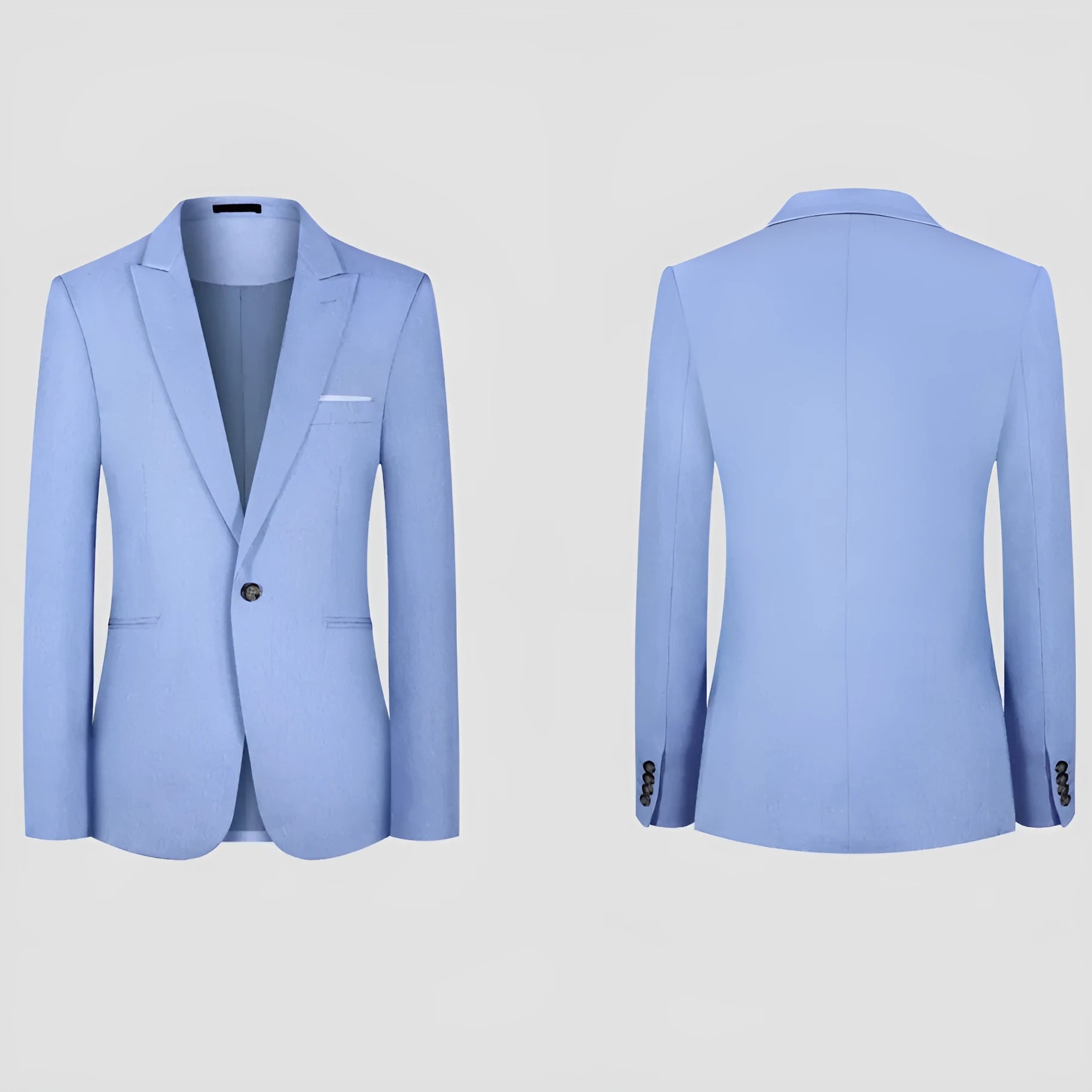 Men's light blue western style suit jacket showing front view with sizing chart