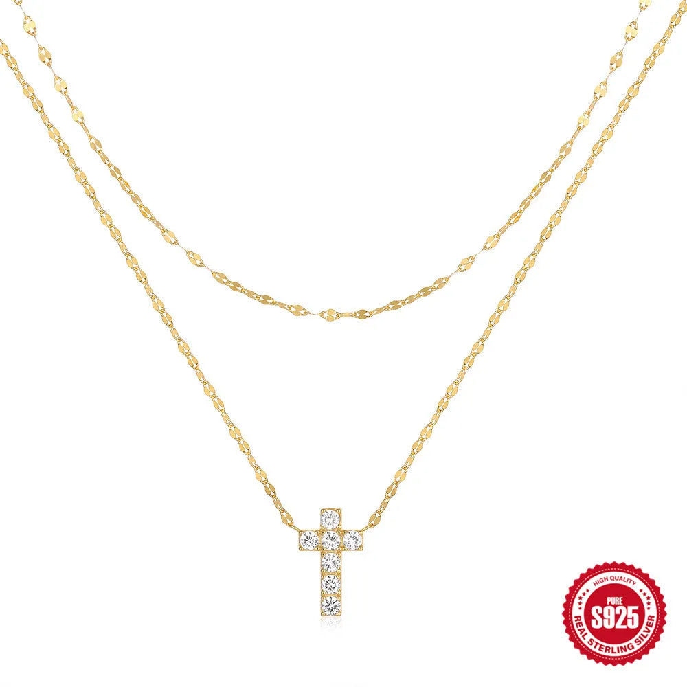 S925 sterling silver double layer twin diamond cross pendant necklace on clavicle chain