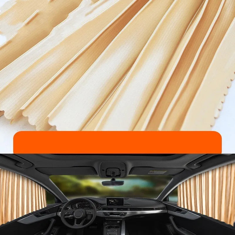 Retractable car sun curtain extended across windscreen with roller shutter mechanism visible.