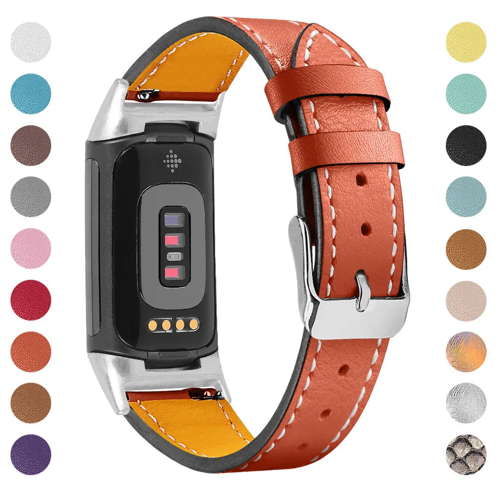 Genuine leather strap for Fitbit Charge 5 and Charge 6 smartwatch in apricot colour.