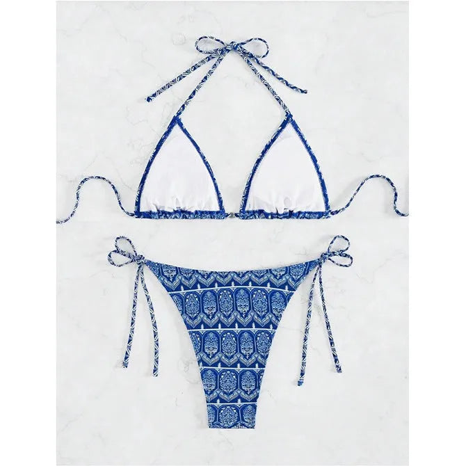 Split bikini bandage swimsuit with printing and stitching detail in polyester fabric