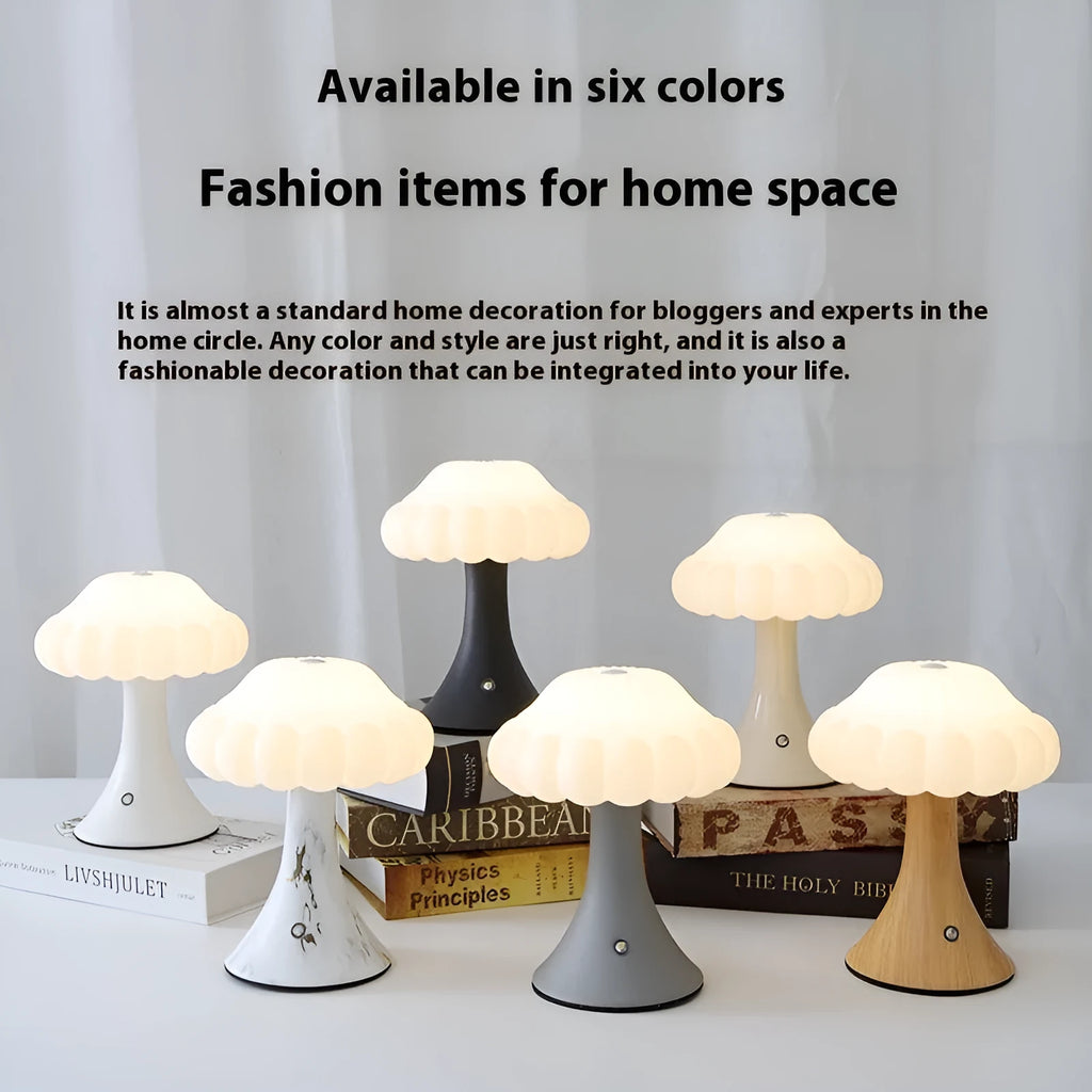 Mushroom-shaped USB rechargeable touch control night lamp in wood grain finish