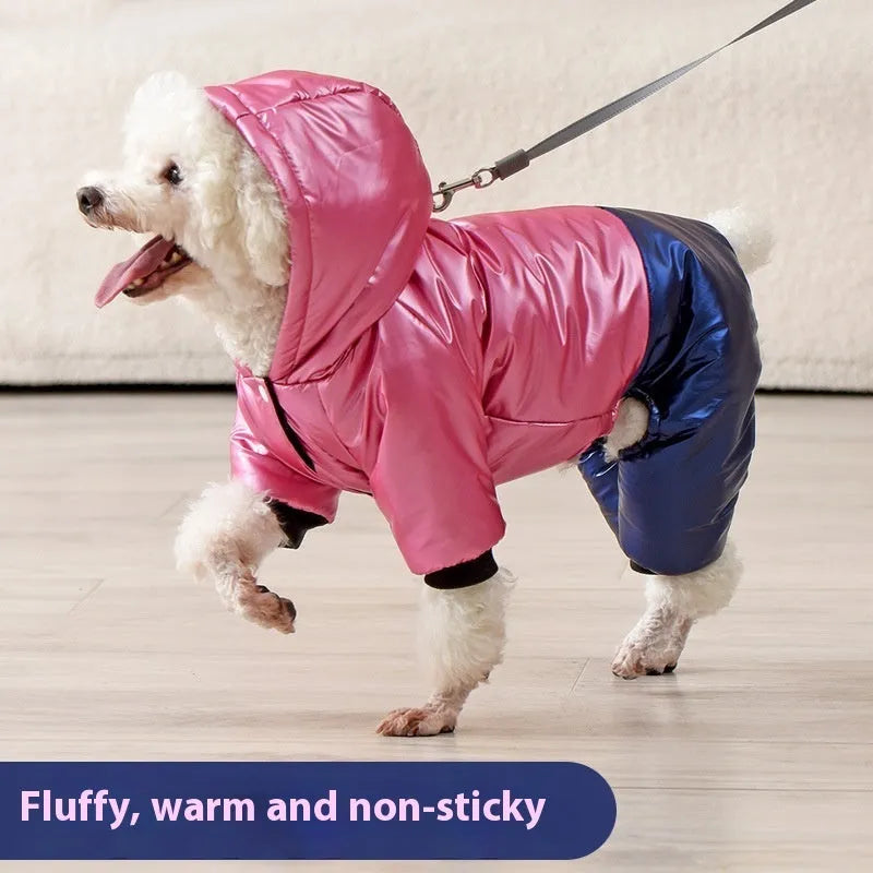Green pink and white cotton-padded waterproof dog coat with four-legged design in sizes S to 3XL