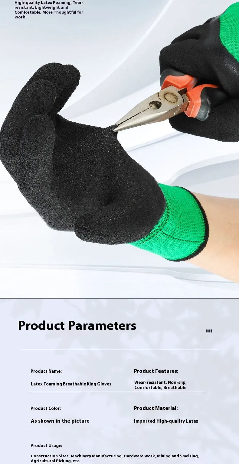 Black and green rubber work gloves with a non-slip textured surface, shown in size M.