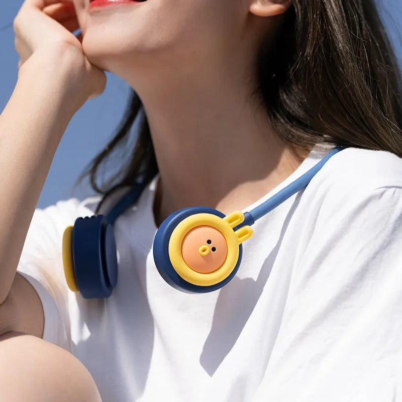 Blue folding hanging neck leafless fan with USB charging port and three speed buttons