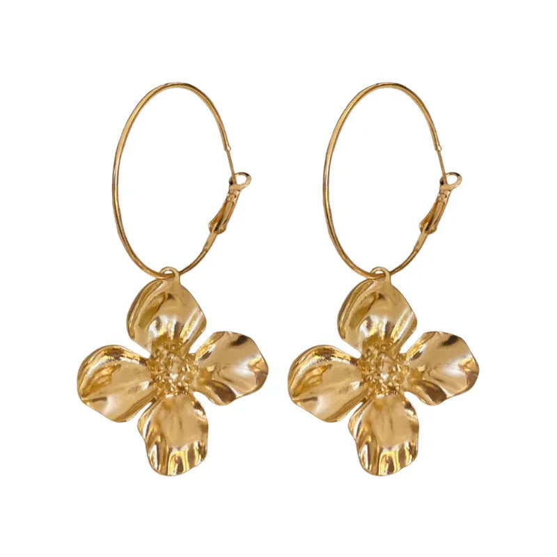 Silver needle metal flower earrings with geometric design in gold or silver electroplated finish