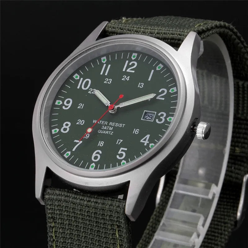 Military fabric strap watch for men, 7mm thick, sports army clock with calendar, available in 20 colours