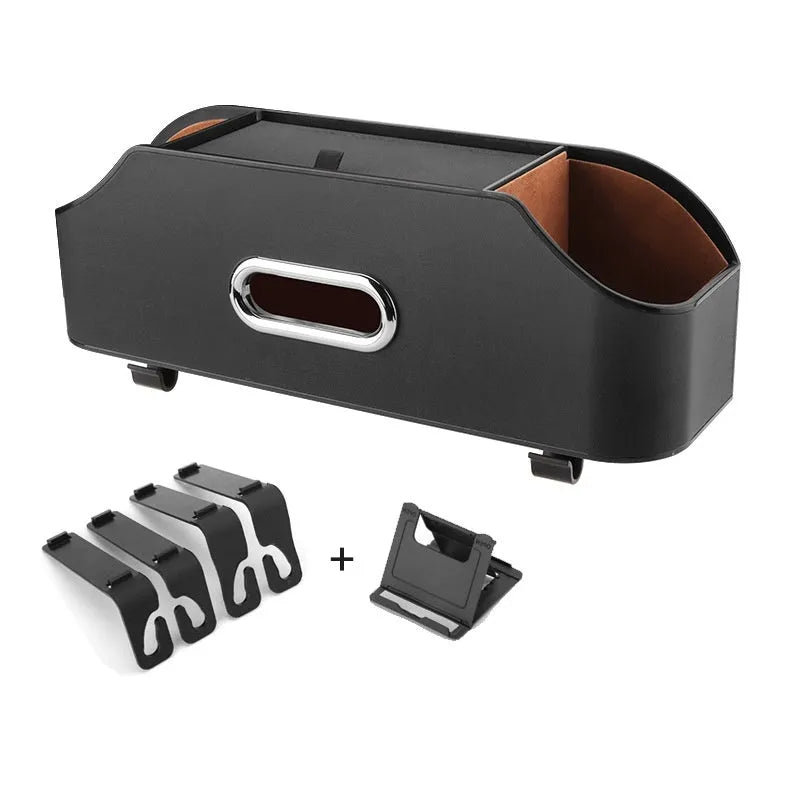 Genuine leather car tissue box with integrated water cup holder in suspended storage configuration