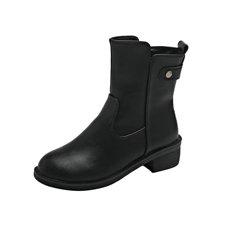 Black women's low heel ankle boots with a side zip and round toe.