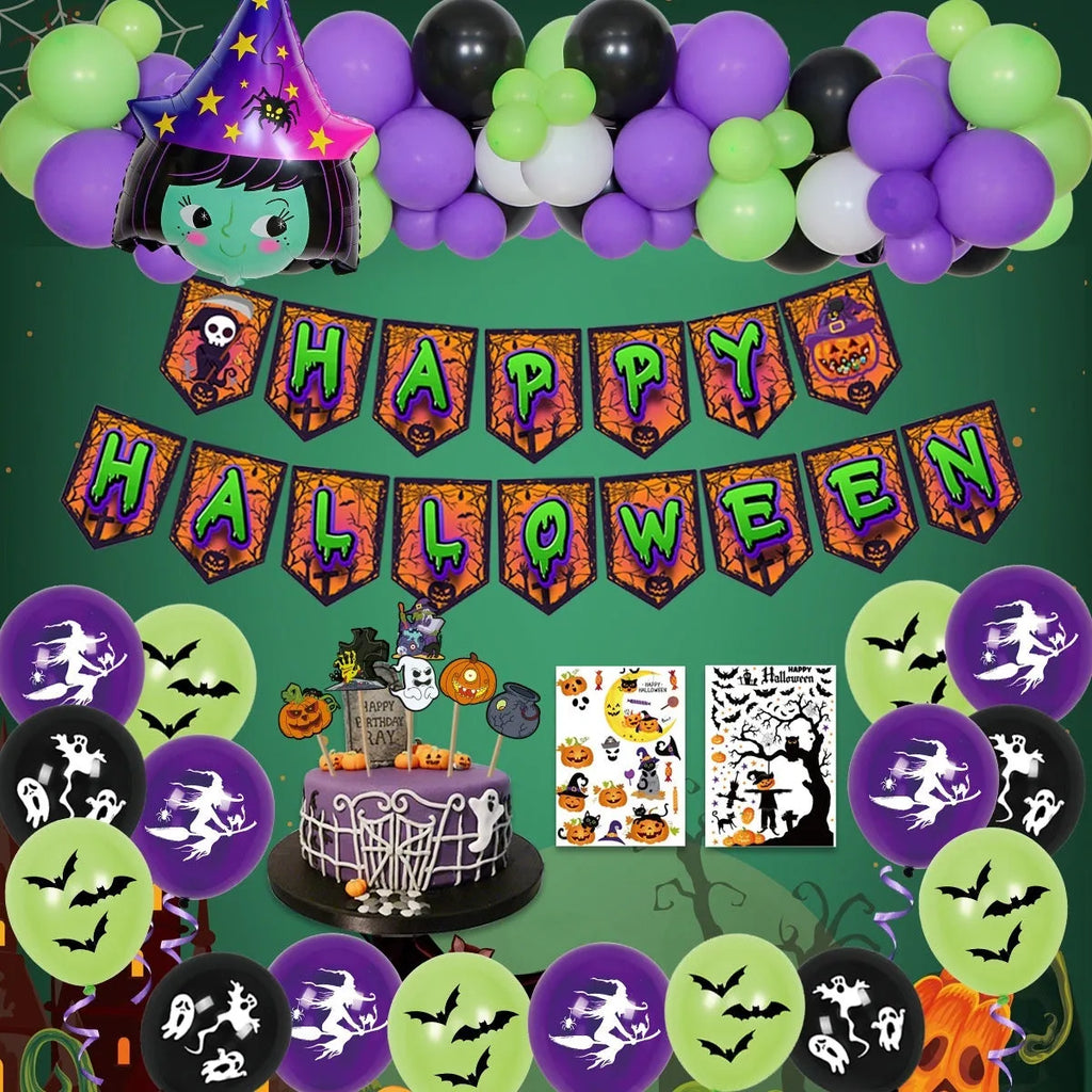 Halloween spider balloon arch with skull and pumpkin designs in black and white colours