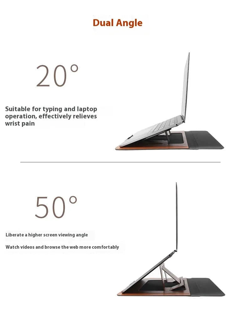Brown plastic dual-angle laptop bag bracket holding a 13.3-inch laptop sleeve on a desk.