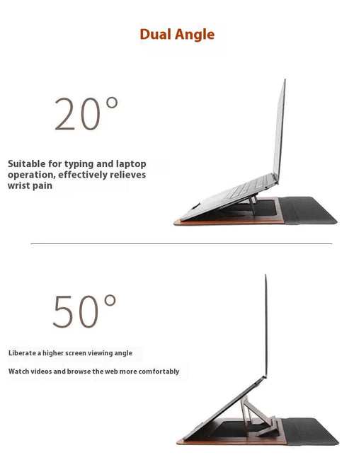 Brown plastic dual-angle laptop bag bracket holding a 13.3-inch laptop sleeve on a desk.