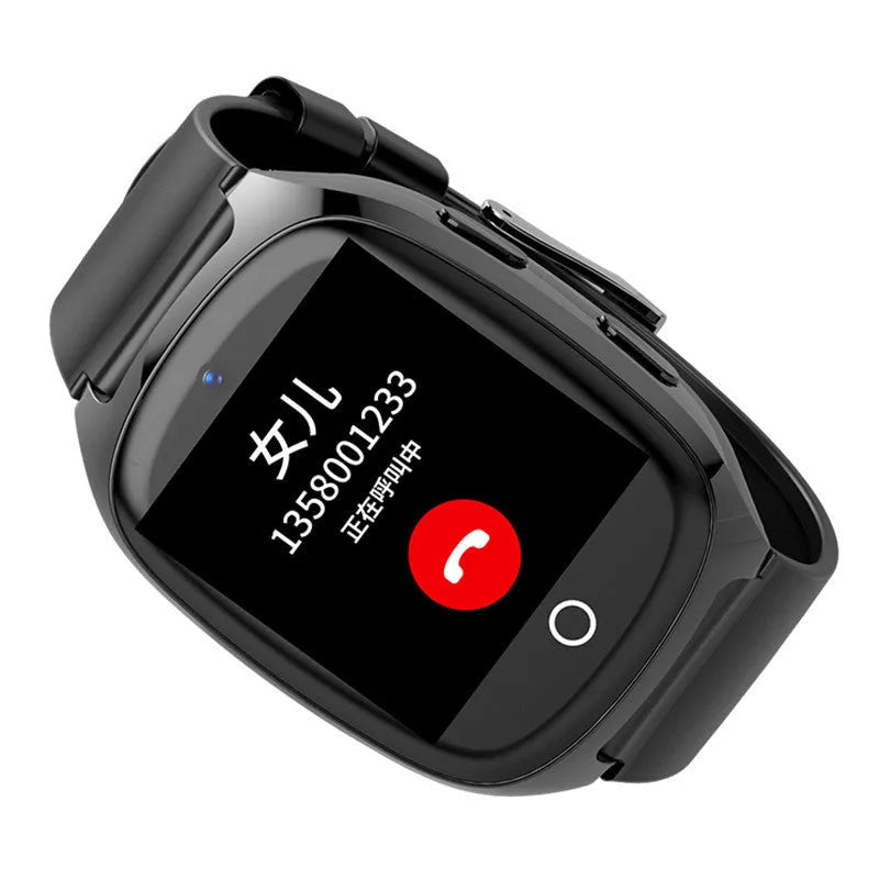 Black GPS smartwatch for children with 1.54-inch touch screen showing location tracking interface