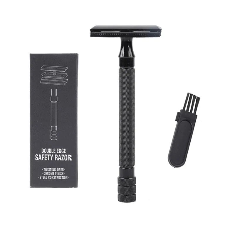 Traditional manual safety razor and shaving brush combination set in black or silver finish