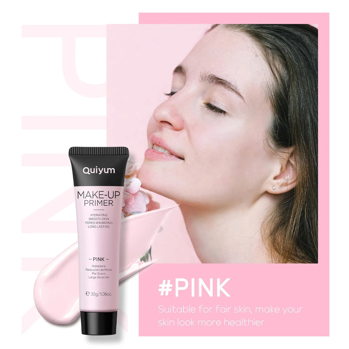 4 colour moisturising makeup primer set showing purple, pink and green correctors in colour box packaging