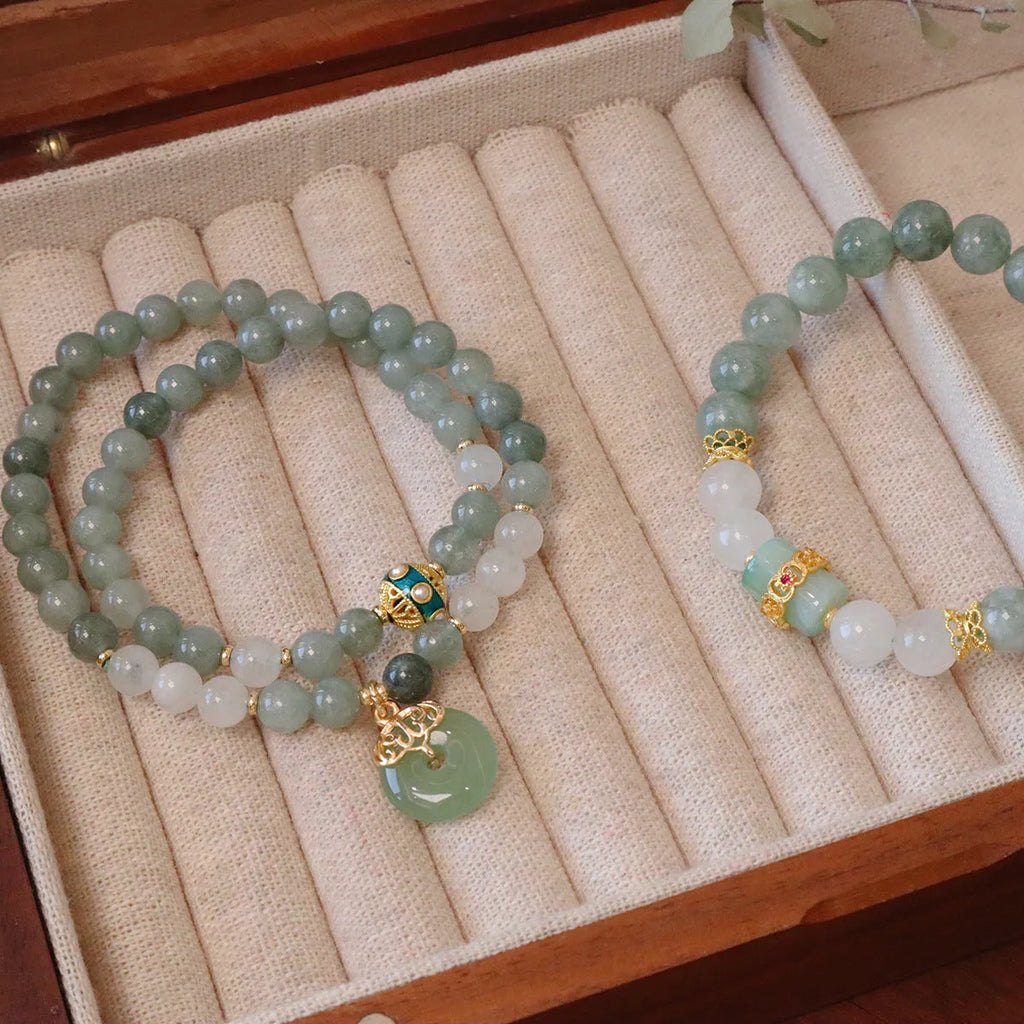 Women's New Chinese style bracelet with Myanmar jade components, safety buckle pendant, and geometric lucky bead design