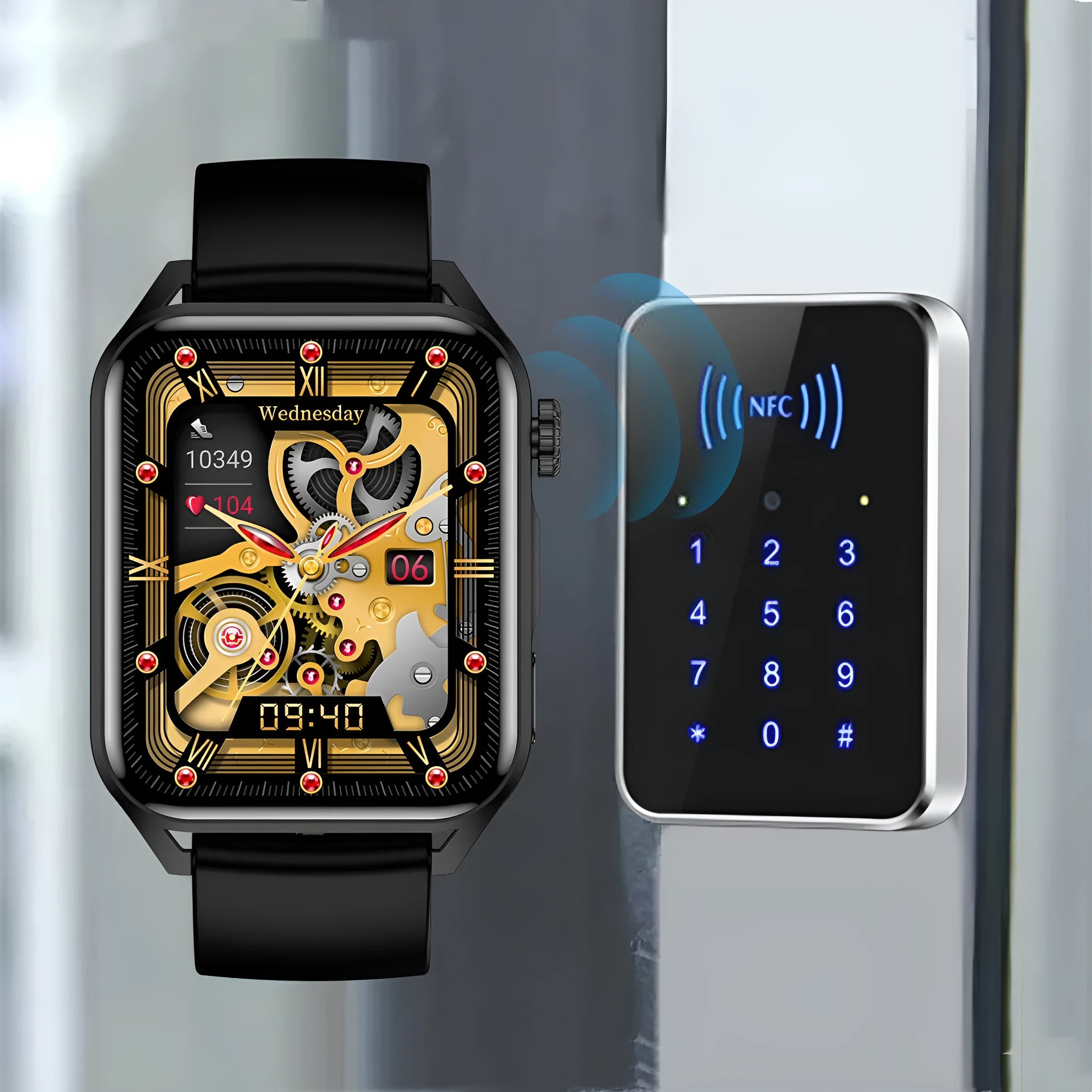 Smart watch with a 1.8 inch screen on a silicone wrist strap, shown in pink, black, and silver grey colours.
