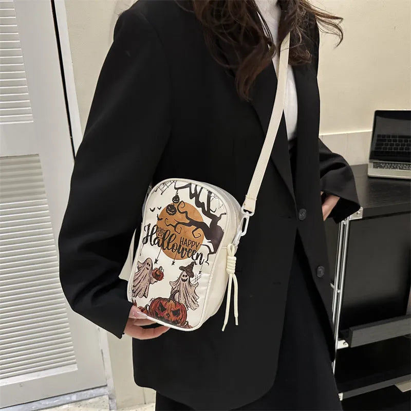 Halloween graffiti print crossbody shoulder bag with pumpkin ghost bat design