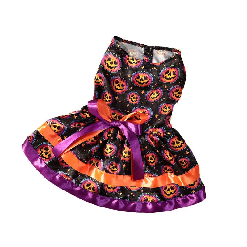 Colourful double-layer Halloween skirt for a dog, showing pumpkin and skull pattern options.