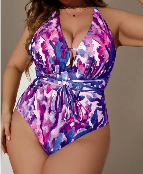 Solid colour one-piece halter swimsuit bikini in polyester spandex fabric
