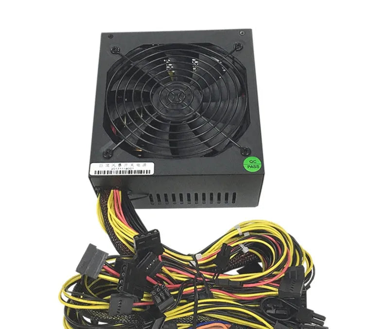 Black ATX server power supply unit with 110V input and multiple 6+2 pin GPU connectors rated up to 2000W