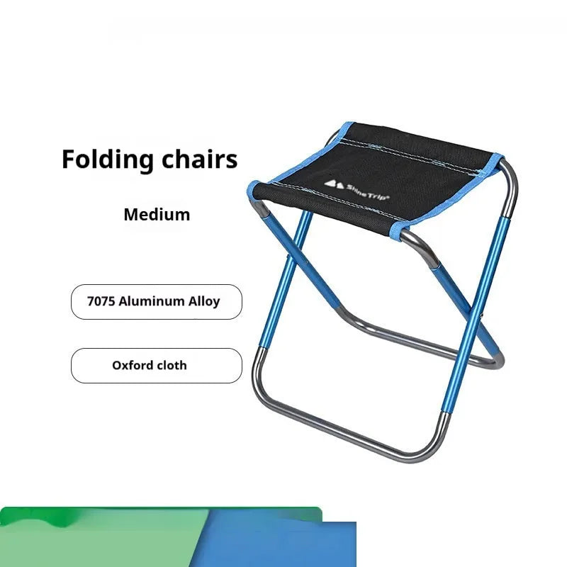 Black folding stool with ethnic pattern, made from 7075 aluminium alloy, shown in folded and open positions.