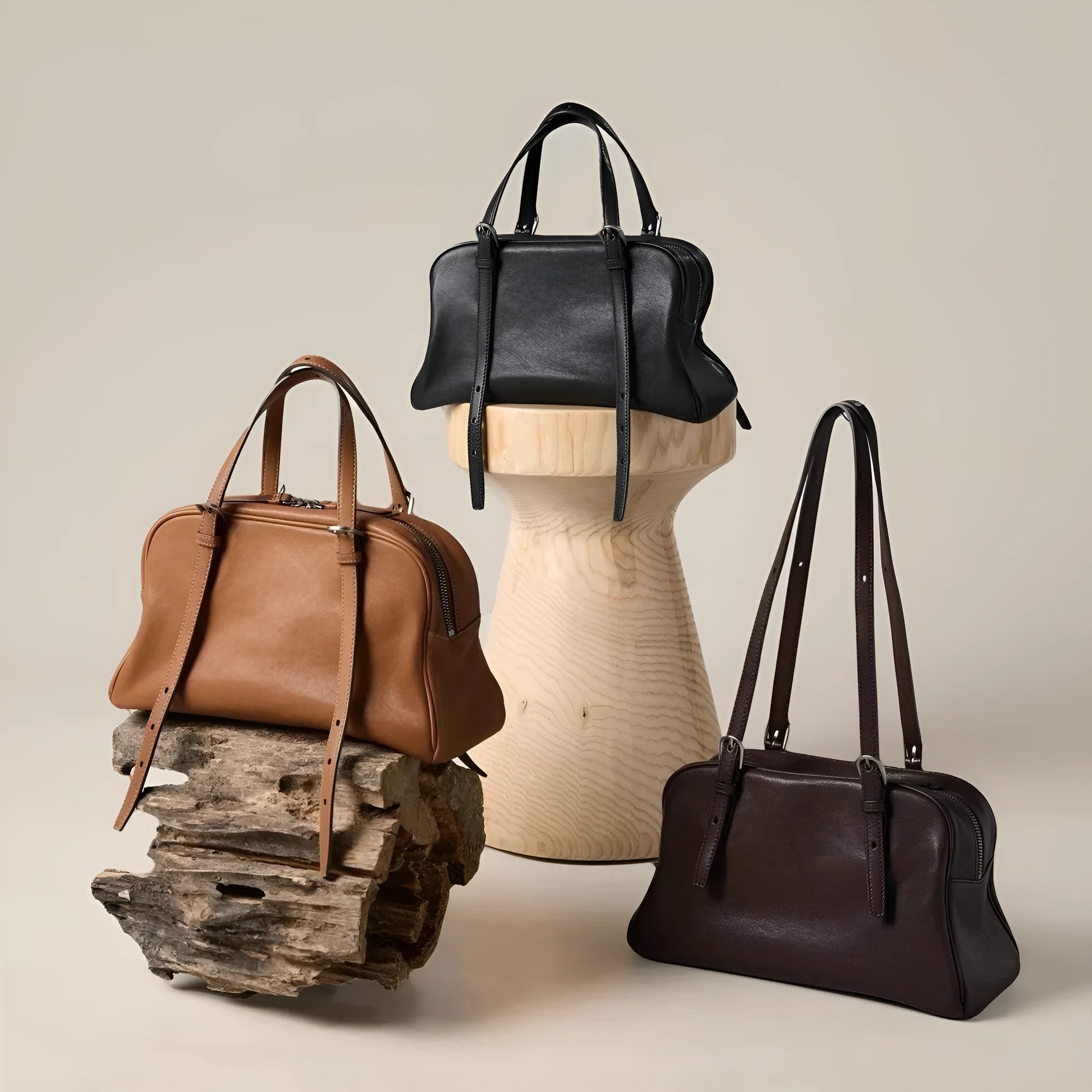 Women's retro style genuine leather shoulder bag with double straps in horizontal square shape