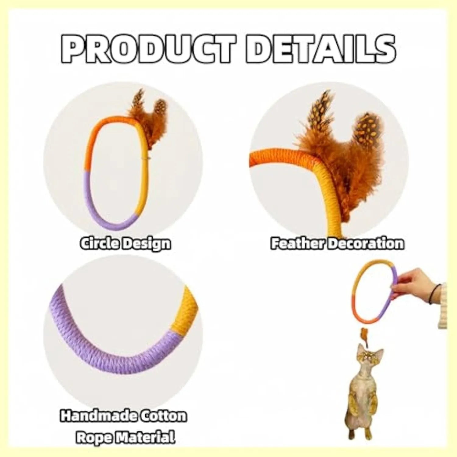 Green circular cotton rope cat toy with white feathers and catnip for indoor cats
